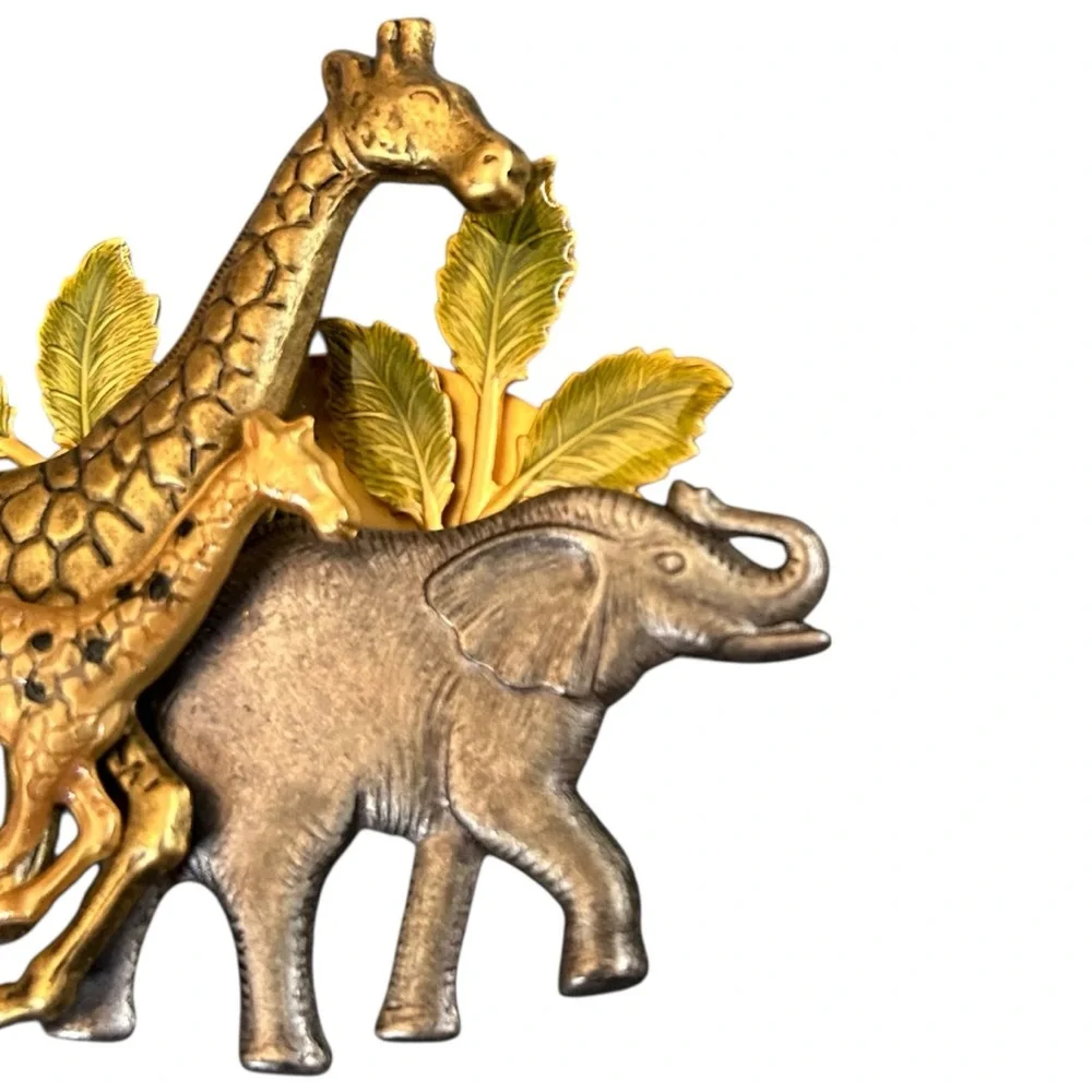 Vintage Mixed Metal Giraffes & Elephant Safari Brooch 3D Pin Statement Piece